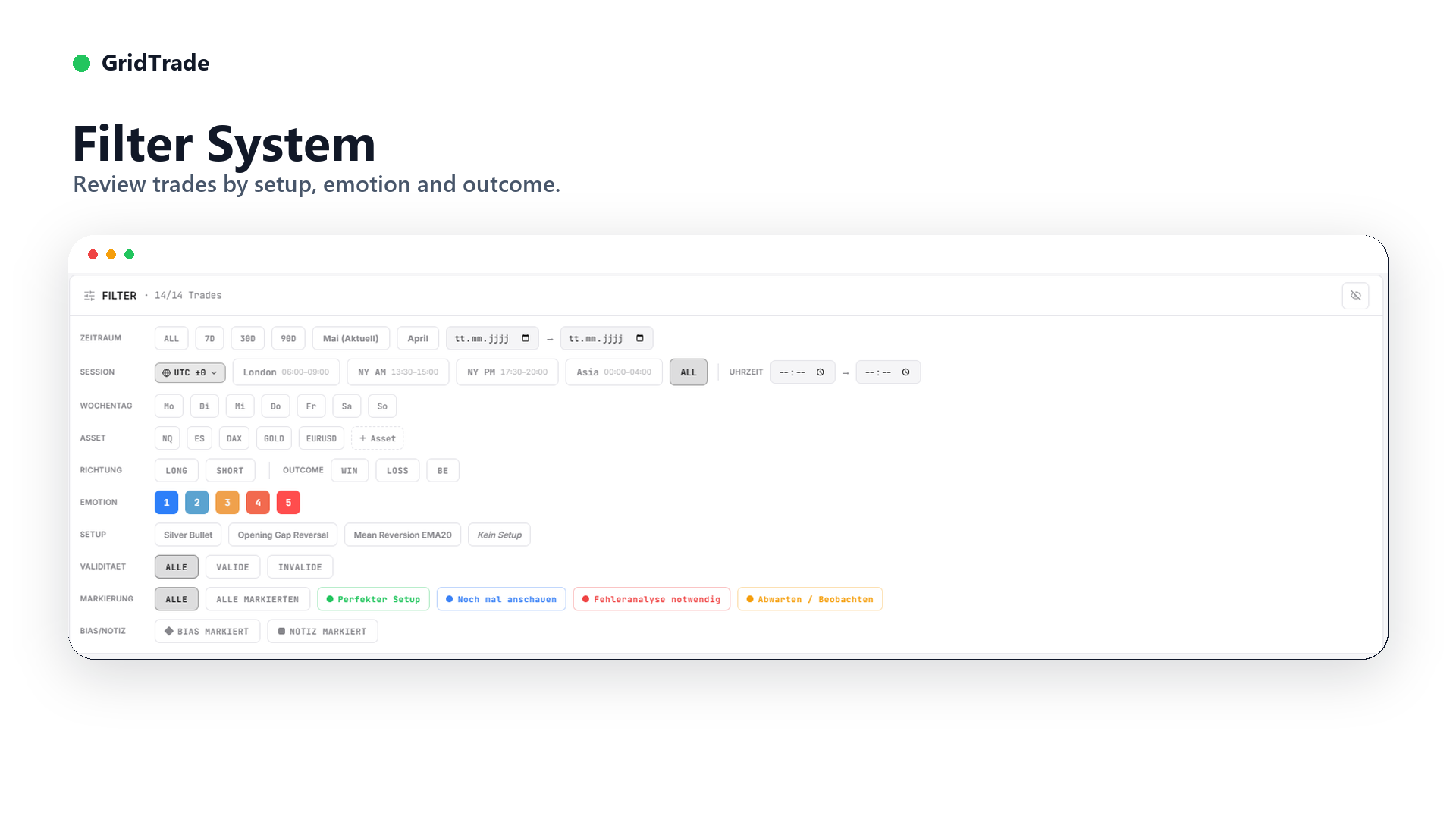 GridTrade filter system with nine combinable filter rows: timeframe, session, weekday, asset, direction, outcome, emotion, setup and validity